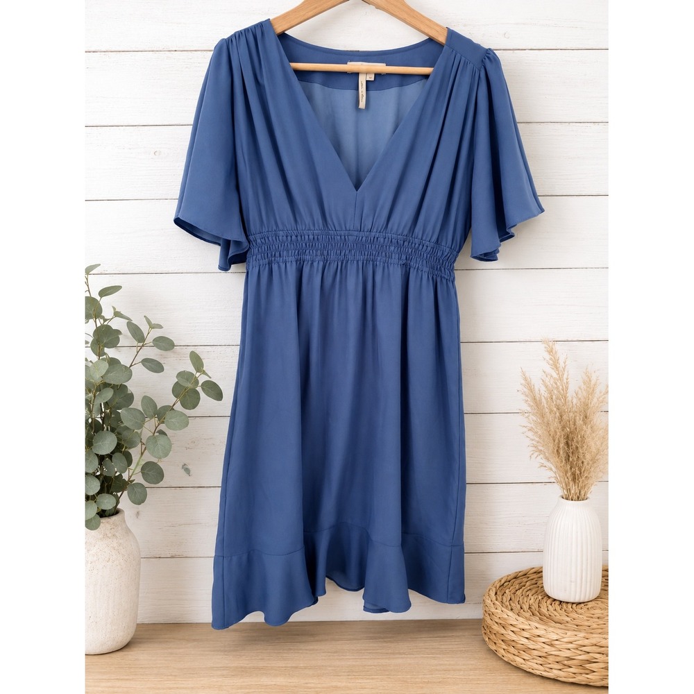 BCBGeneration Ruffle Hem Dress Women Medium Blue V-Neck Smocked Waist Flutter